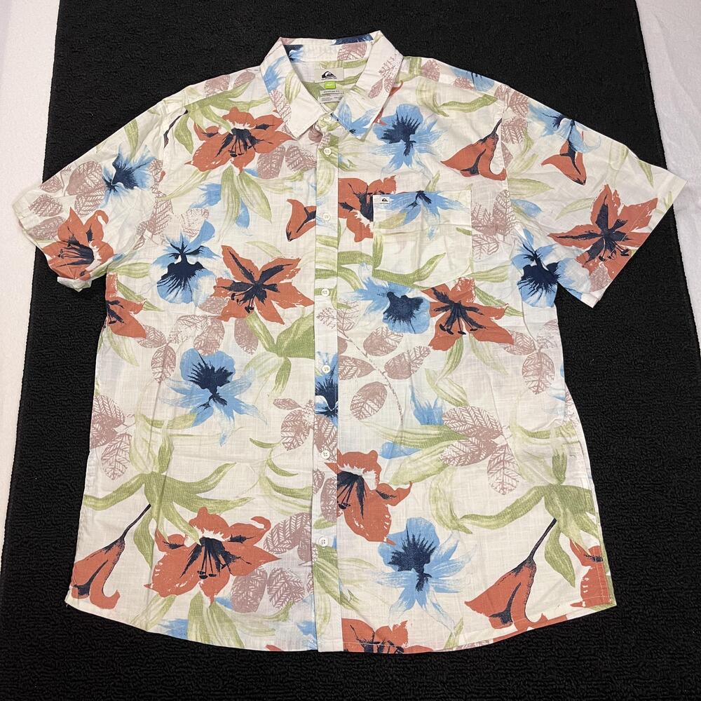 Quiksilver Shirt Mens 2XL White Blue Floral Hawaiian Button Up Organic Cotton